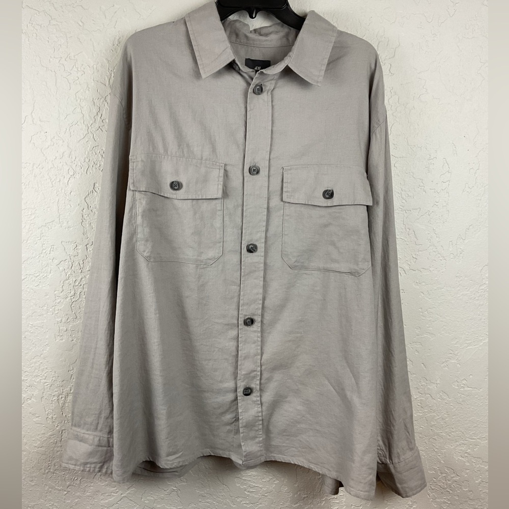 Men’s H&M Linen Blend Light Gray Button Down Overshirt Size XL Long Sleeve